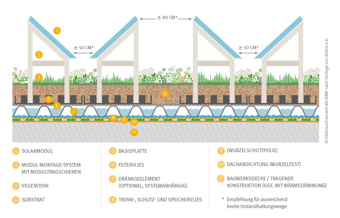 Querschnitt eines extensiven Solargründaches (Ost-West-Ausrichtung)Querschnitt eines extensiven Solargründach (Ost-West-Ausrichtung)