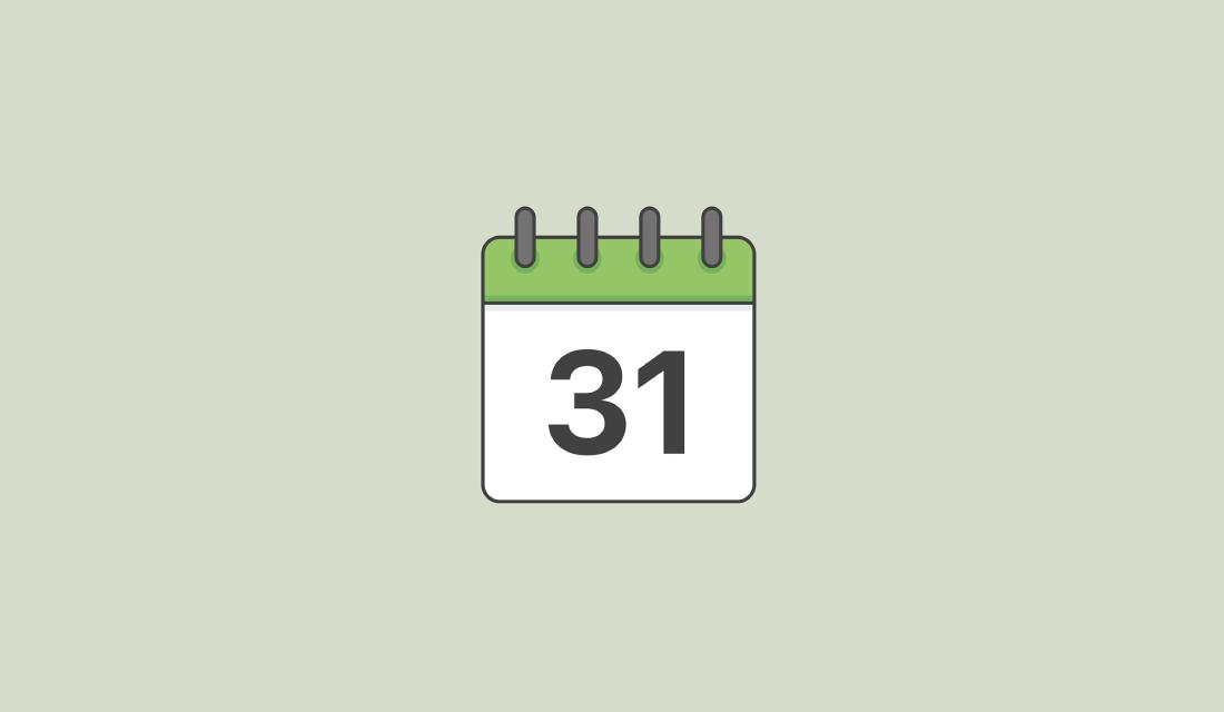 Grafik eines weißen Kalenderblatts mit grünem oberen Rand und der Zahl 31.