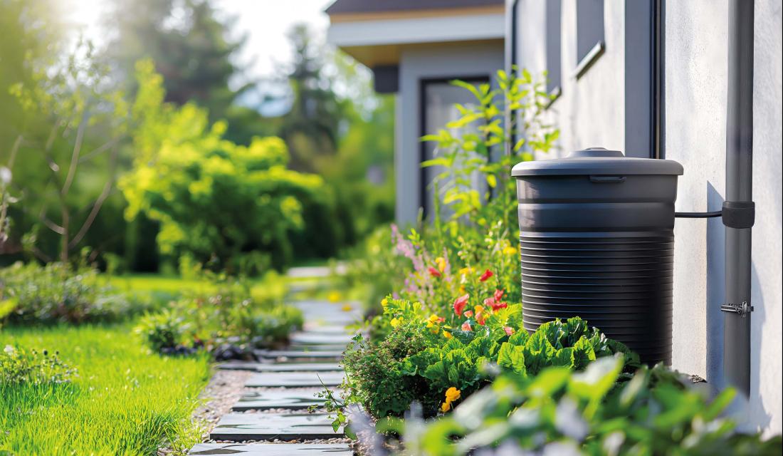 Regentonne steht im Garten und ist an Fallrohr angeschlossen.