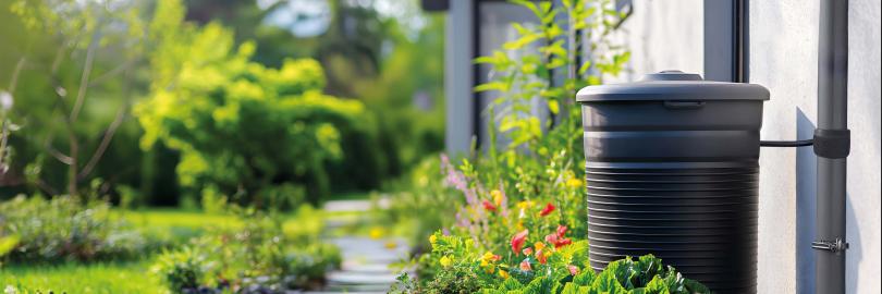 Regentonne steht im Garten und ist an Fallrohr angeschlossen.